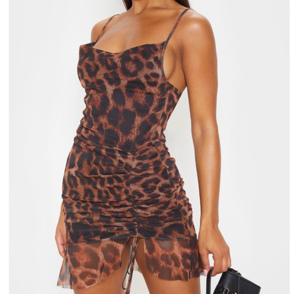 Brown mesh leopard print ruched bodycon dress